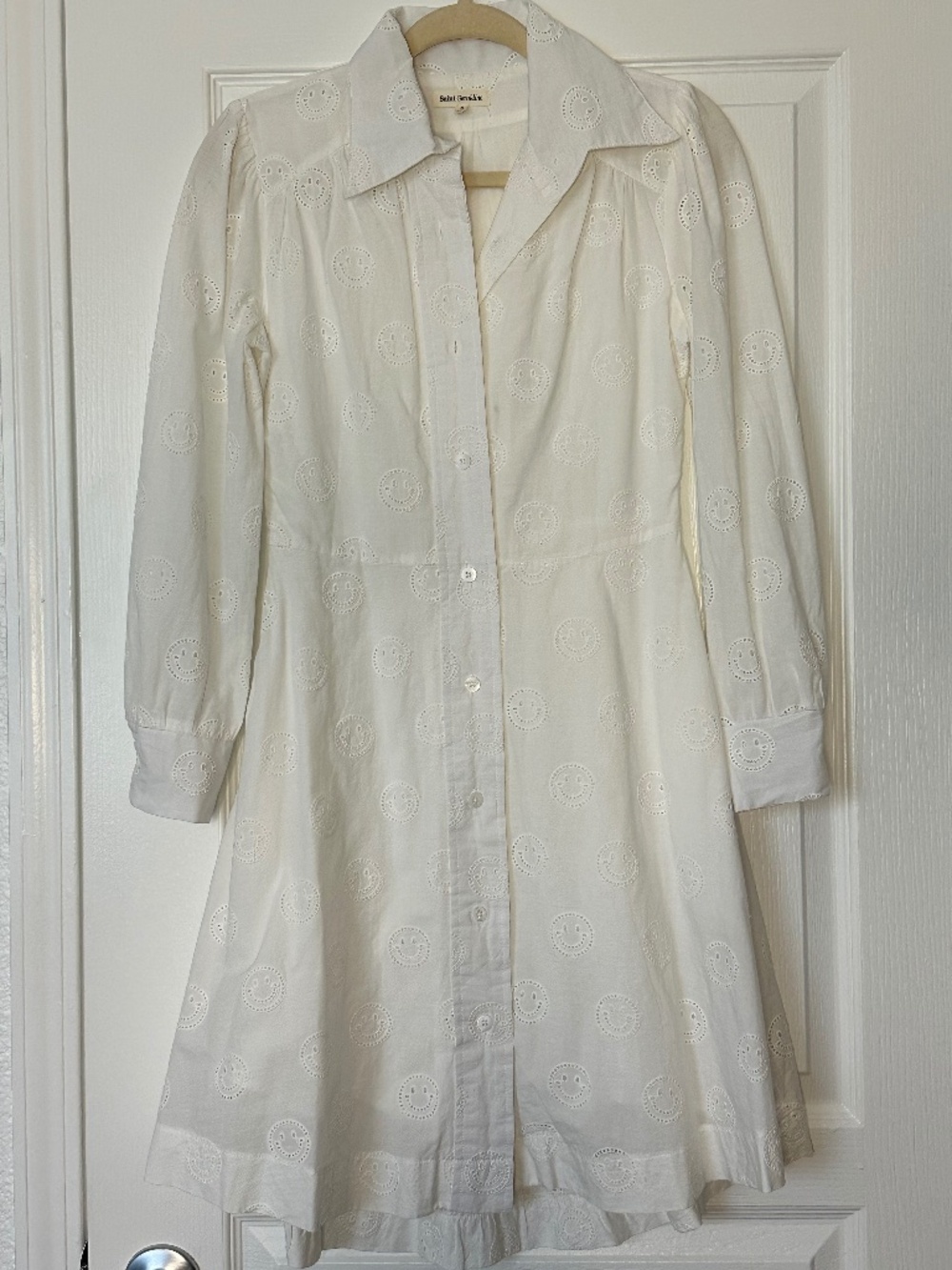 Saint Geraldine White Long Sleeve Shirtdress embroidered with Smiley Face small